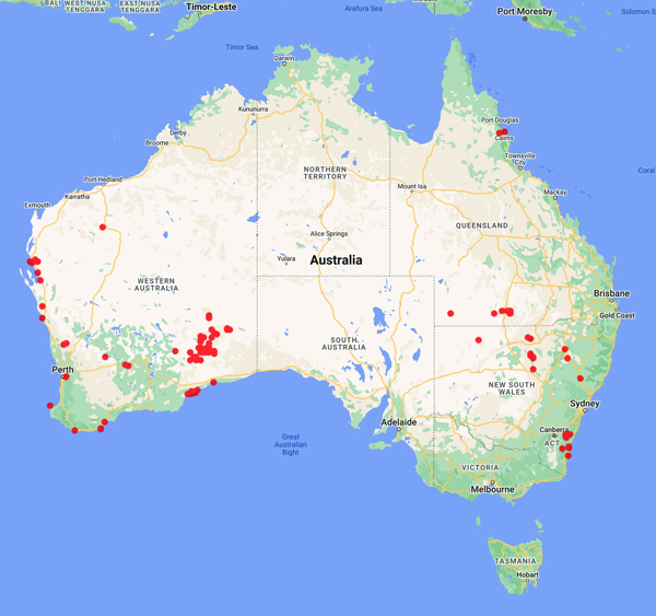 collecting locality map for 'Brooker, M.G.' + 'Brooker, M.'