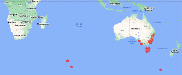 world collecting locality map for 'Whinam, J.'